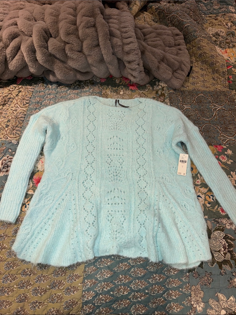 Anthropologie Pale Blue Openwork Cable Knit Crewneck Sweater